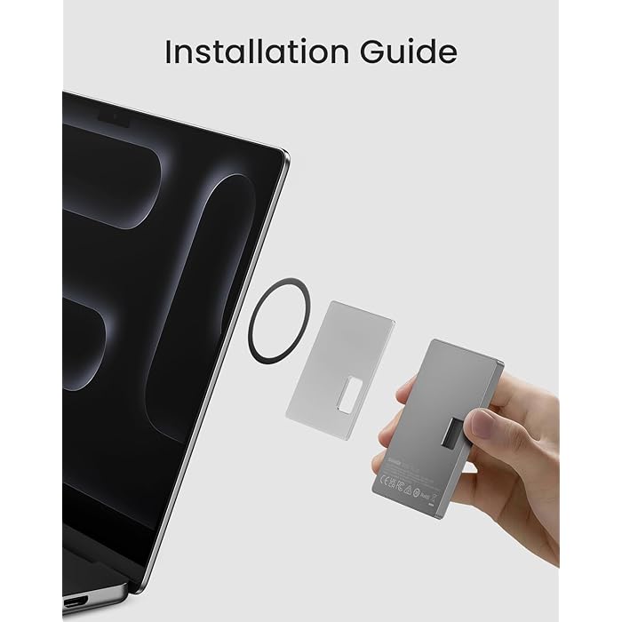 Installation guide showcasing the steps to attach a SHARGE power bank to a laptop using a magnetic ring and a clear adhesive plate. The image highlights the simple and user-friendly process for securely mounting the device.