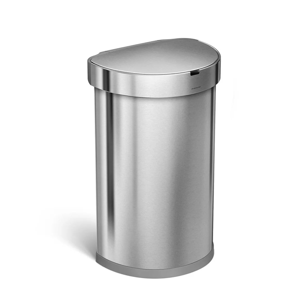 This image shows a sleek, semi-round trash can with a stainless steel finish. The design is identical to the previous black version, featuring a sensor on the top edge of the lid for hands-free operation. The stainless steel material gives it a modern, high-end appearance, making it an elegant and functional addition to any kitchen or commercial space. This trash can is likely a part of Simplehuman's product line, known for its quality, durability, and innovative features.