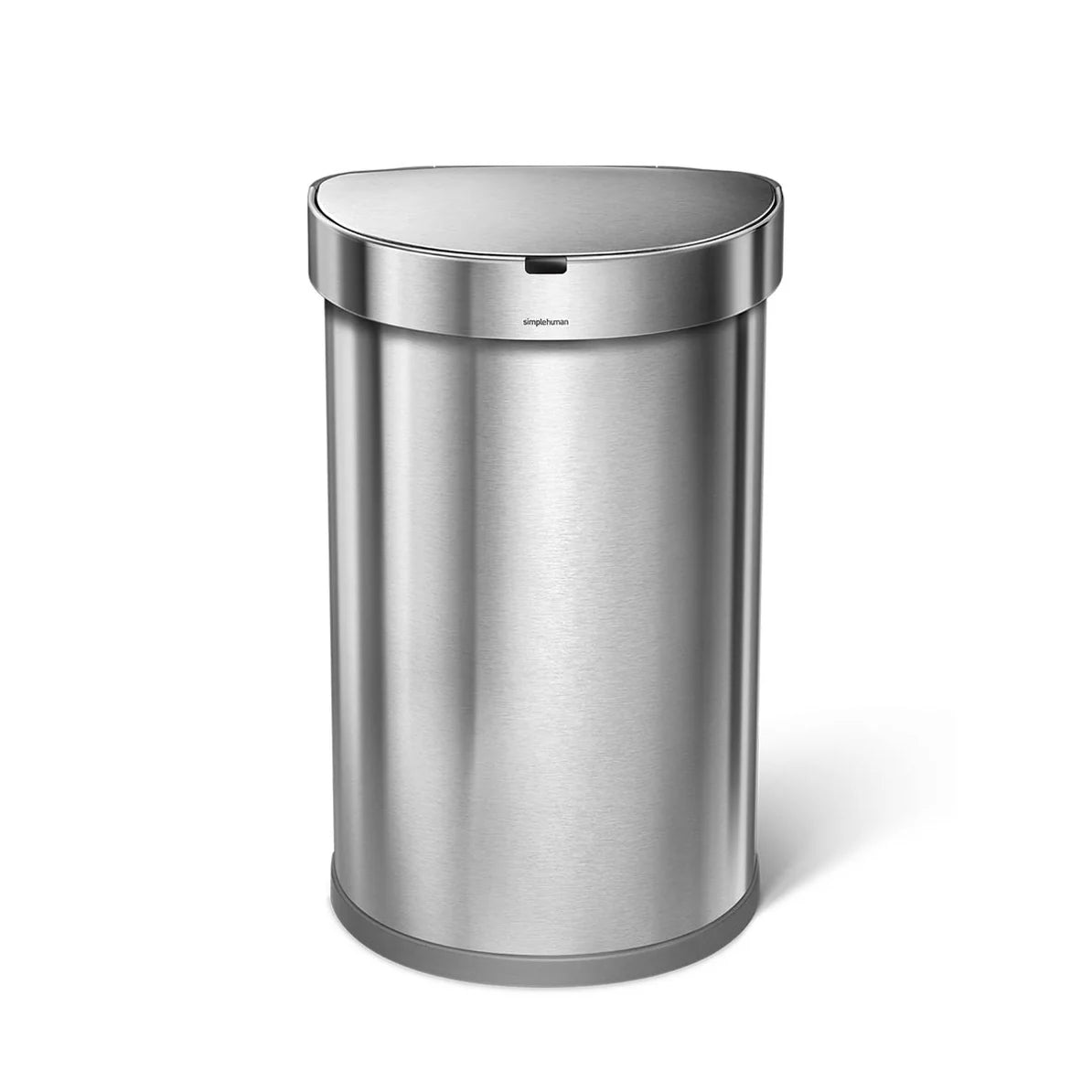 This image shows a sleek, semi-round trash can with a stainless steel finish. The design is identical to the previous black version, featuring a sensor on the top edge of the lid for hands-free operation. The stainless steel material gives it a modern, high-end appearance, making it an elegant and functional addition to any kitchen or commercial space. This trash can is likely a part of Simplehuman's product line, known for its quality, durability, and innovative features.