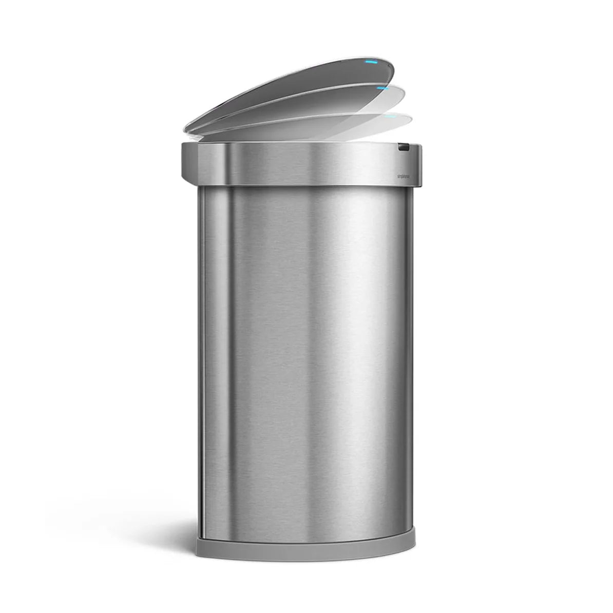 The image shows a Simplehuman touch-free sensor trash can with a stainless steel finish. The trash can has a cylindrical shape, and the lid is in the process of opening, shown in multiple positions to illustrate its smooth, touch-free operation. The sleek design is modern and functional, making it a stylish addition to any kitchen or living space. The lid features blue indicator lights, likely to signal when the sensor is activated. This design emphasizes convenience and hygiene, as it allows for hands-free