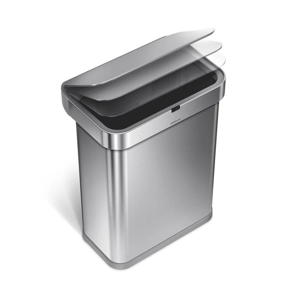 The image shows a Simplehuman trash can with a brushed stainless steel finish. The trash can features a lid that is shown in multiple positions, demonstrating its motion as it opens. The design is sleek and modern, with a focus on smooth operation and ease of use. The lid likely opens automatically, possibly through a sensor or voice control, which is typical of high-end Simplehuman products. The can’s shape is rectangular, making it suitable for placement in kitchens or other spaces where both aesthetics a