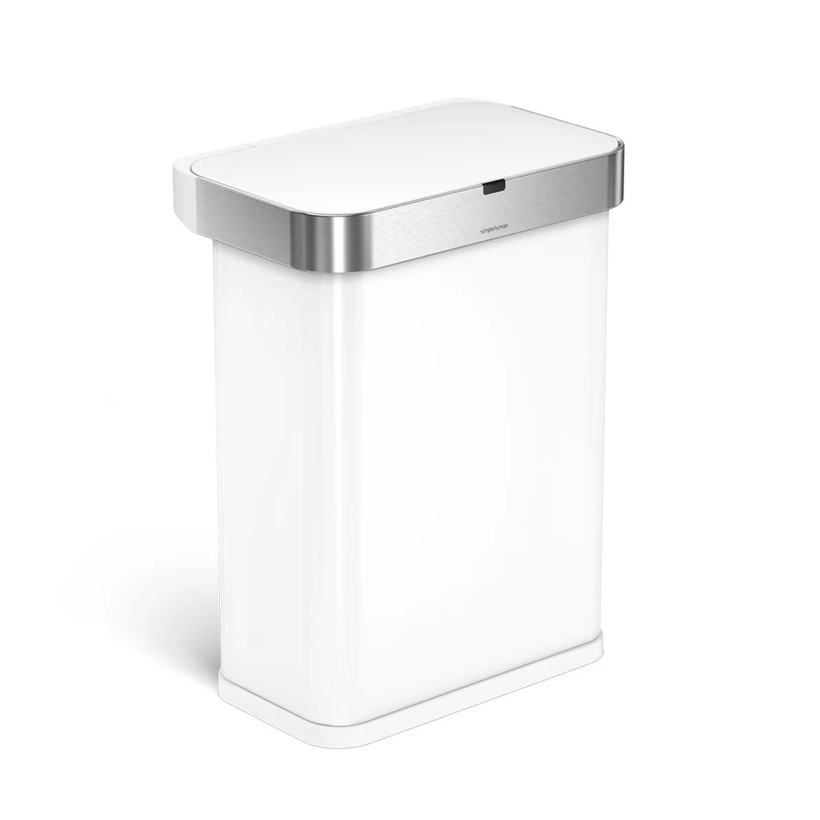 The image shows a Simplehuman trash can with a sleek and modern design, featuring a white body and a stainless steel lid. The trash can has a rectangular shape with rounded corners, and the lid is closed, presenting a clean and minimalist appearance. The white body contrasts elegantly with the stainless steel lid, which adds a touch of sophistication to the overall design. This trash can is likely to be sensor-activated or designed for easy, hands-free operation, given the typical features of Simplehuman pr