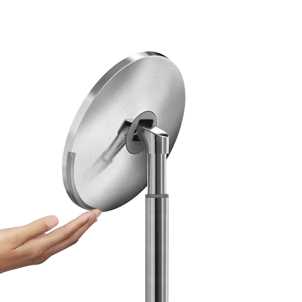 Hand using touch-control brightness bar on Simplehuman Sensor Mirror Round