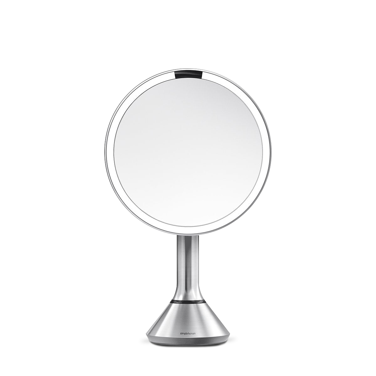 Simplehuman Sensor Mirror Round 8 inch in brushed stainless steel, front view