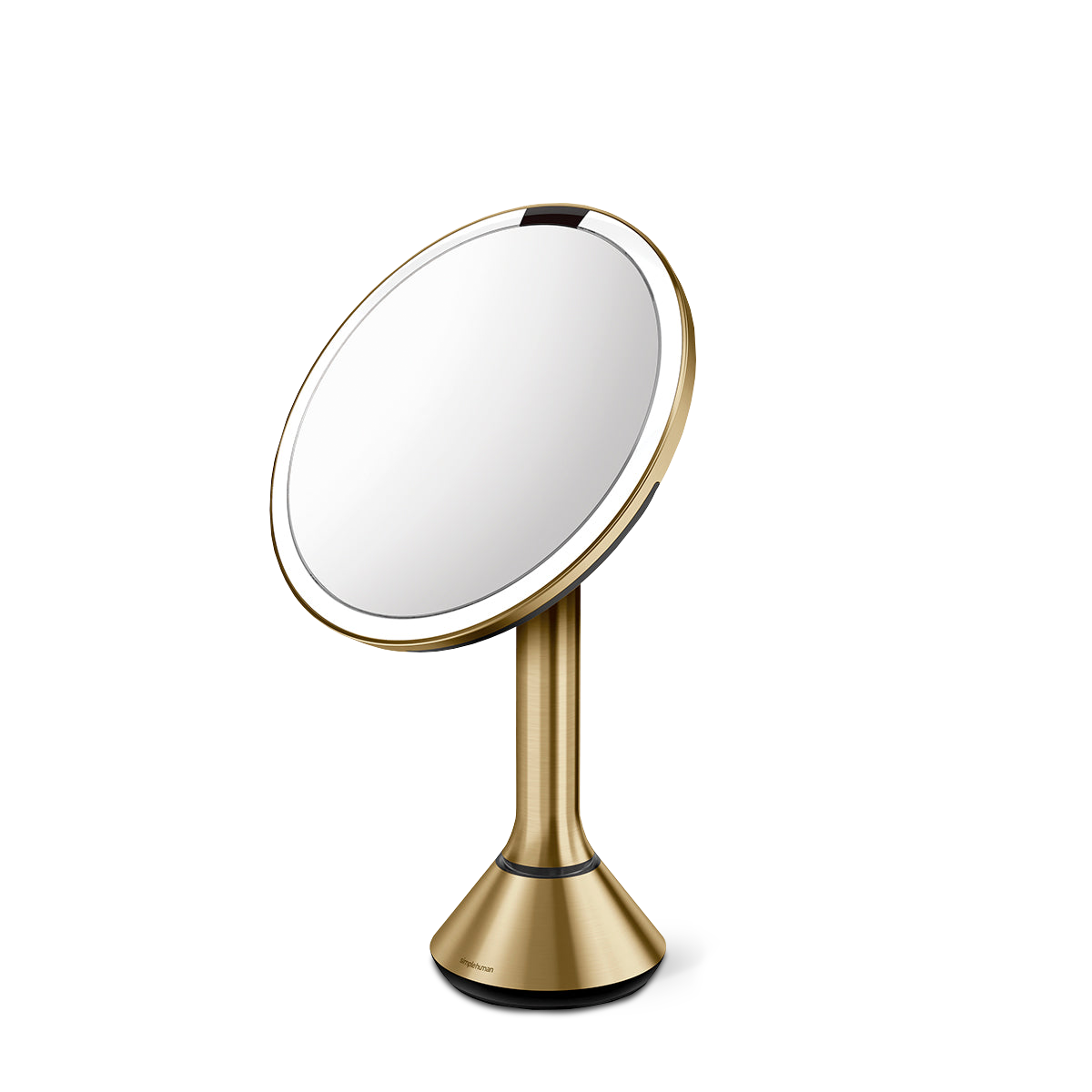 Angled view of brass Sensor Mirror Round with dual light settings