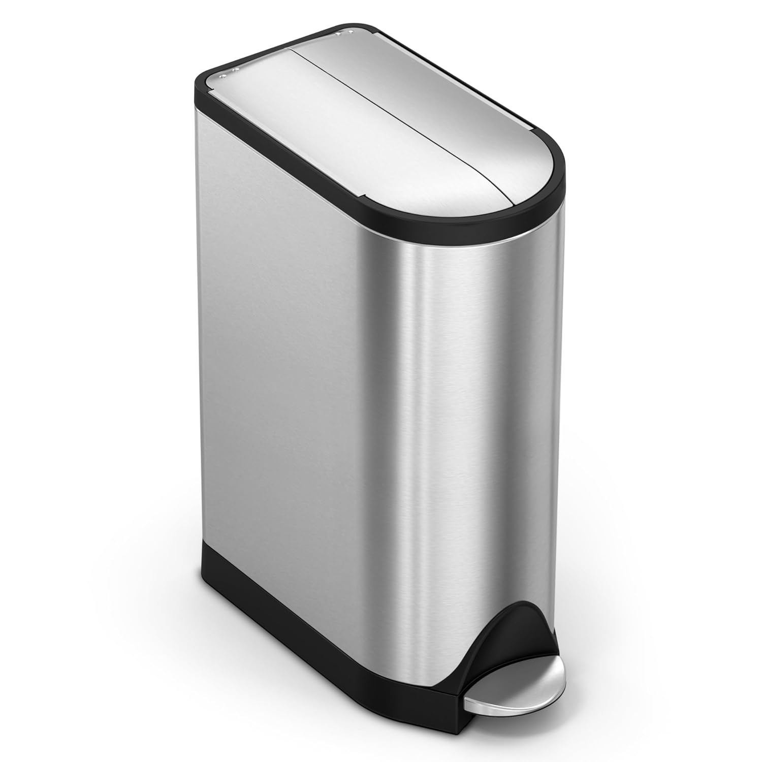 Simplehuman 50L Slim Step Can, brushed stainless steel, space-saving design with a strong steel pedal for effortless and hygienic waste disposal.