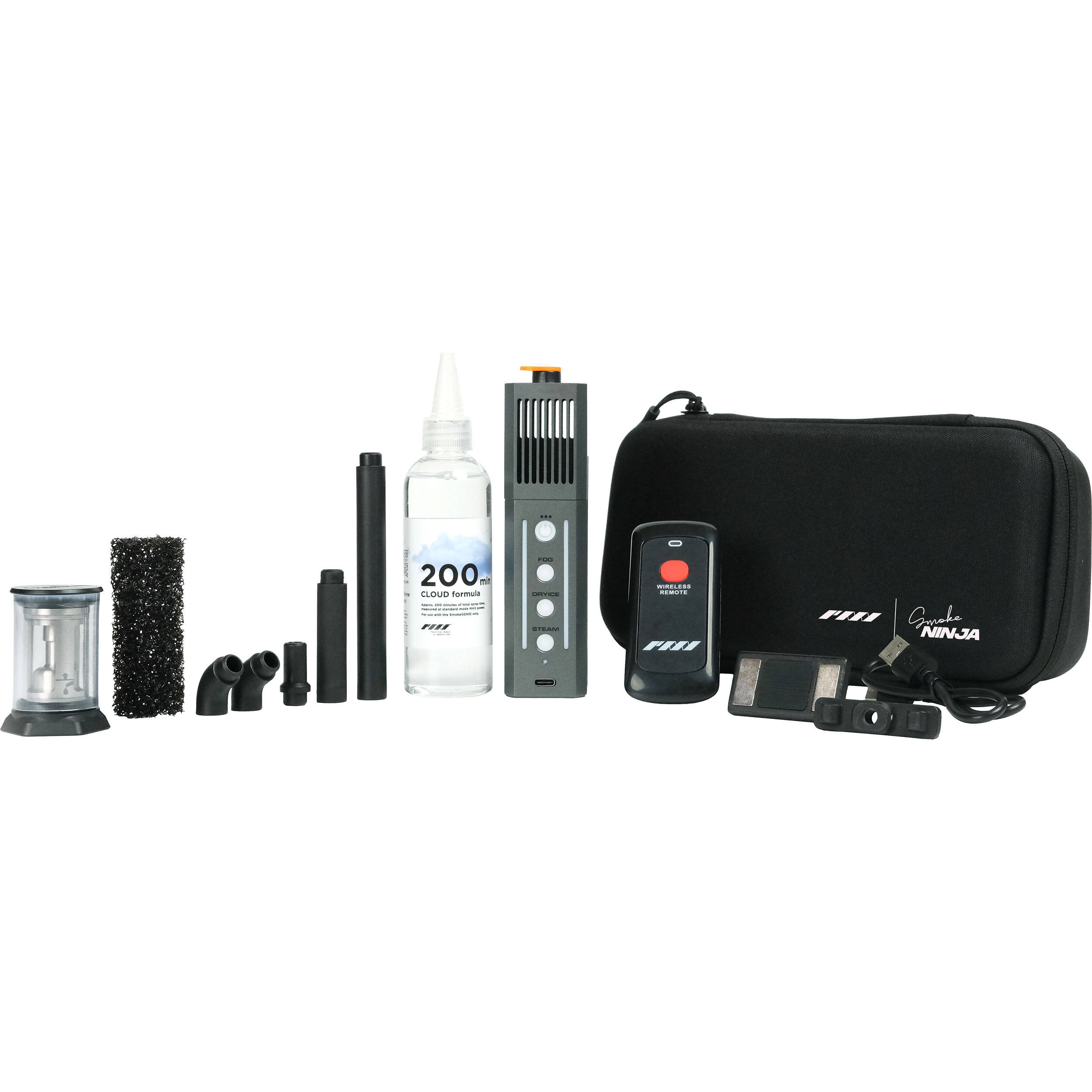 This image shows a complete kit of tools and accessories. It includes items such as a portable fan device, cleaning or maintenance tools, a carrying case, and multiple attachments for different functionalities. Based on the previous products you uploaded, this could be the Smoke Ninja Full Kit, a portable smoke effect tool for photographers and filmmakers. The kit appears to come with a variety of nozzles, a cleaning brush, and other attachments to create specific smoke effects, along with a convenient carr