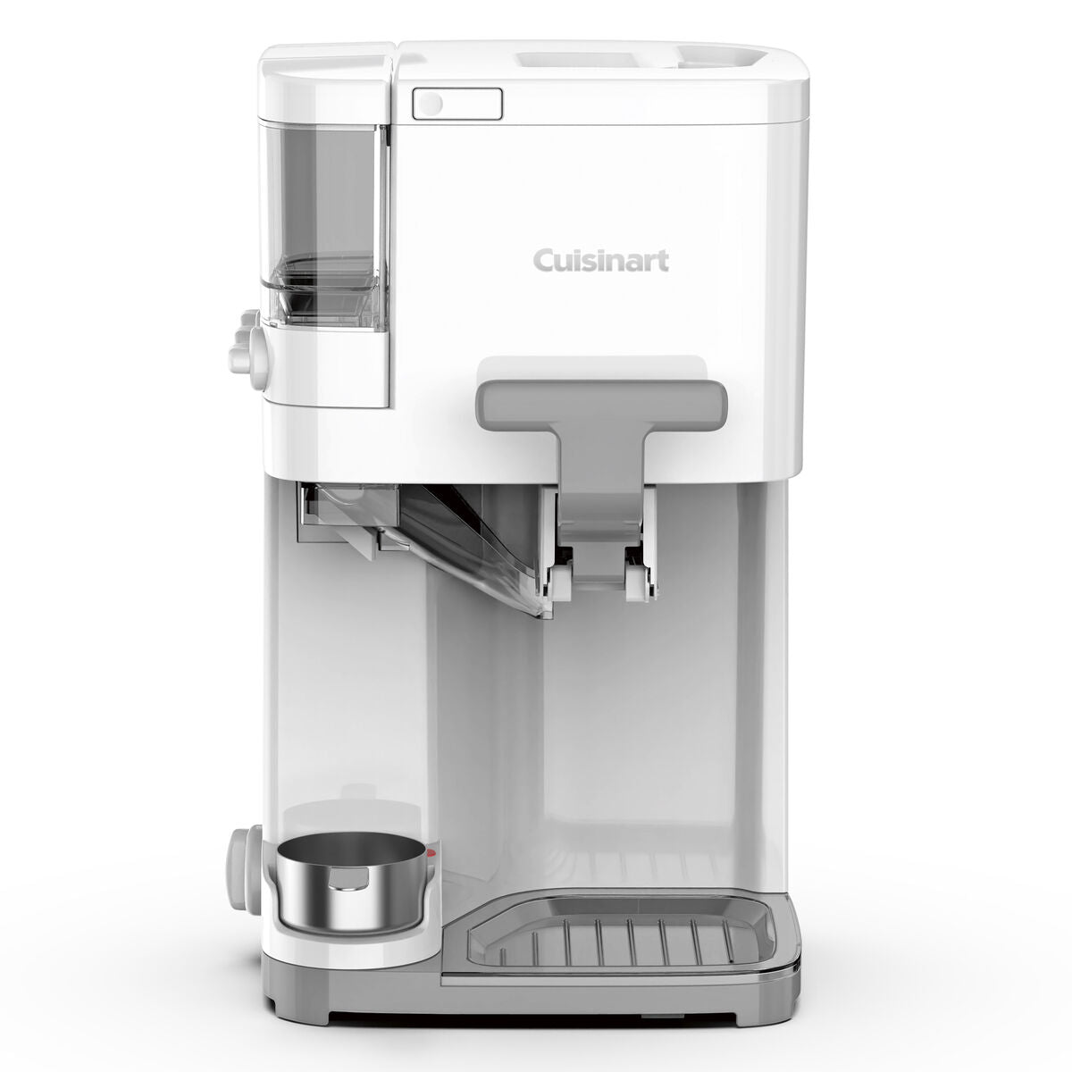 Cuisinart soft serve ice cream maker in white, featuring a built-in topping dispenser and easy-to-use design for home use.