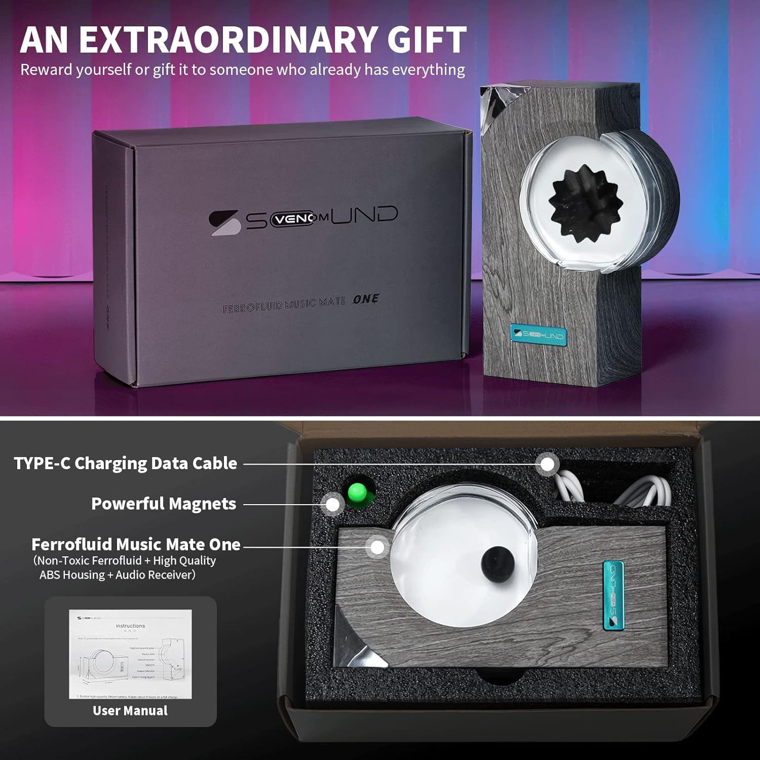 The image showcases a product called "Ferrofluid Music Mate One" packaged as a premium gift. The product is presented as an "Extraordinary Gift," ideal for someone who already has everything. The packaging is sleek and includes a Type-C charging data cable, powerful magnets, the ferrofluid display device, and a user manual. The device, with its modern design and interactive ferrofluid, is highlighted as a unique gift option.