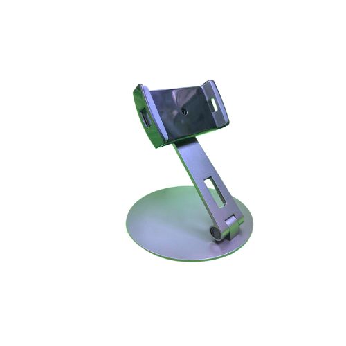 A white 360 rotating phone and tablet stand featuring a circular base and an adjustable arm with a clamp for holding the device securely. The design allows for flexible positioning and rotation.