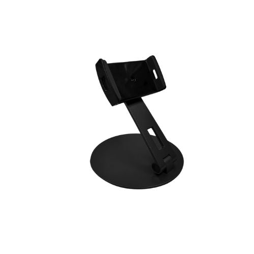  A black 360 rotating phone and tablet stand with a circular base and an adjustable arm featuring a clamp to hold devices securely. The design provides flexibility in positioning and rotation.