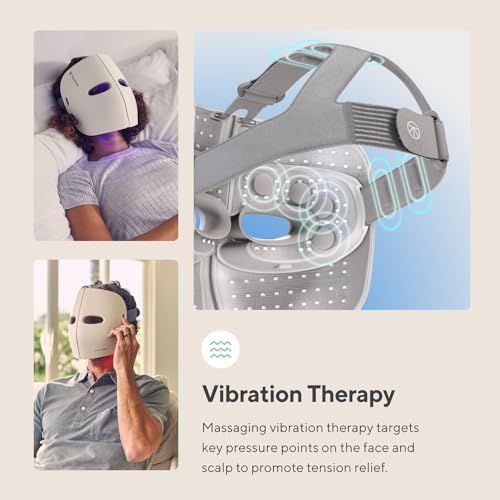 An informational graphic about the vibration therapy feature of an LED face mask. The image includes a close-up of the mask’s internal design, highlighting built-in vibration nodes that target key pressure points on the face and scalp. Two smaller images show individuals using the mask while lying down and sitting outdoors. The accompanying text explains how the massaging vibration therapy promotes tension relief and relaxation.