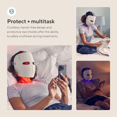 A collage showcasing the features of a cordless LED therapy face mask with the headline "Protect + multitask." The images depict individuals using the mask in various settings: sitting on a bed reading, lying down with a smartphone, and reclining in a dimly lit room. The text highlights the mask's hands-free design and protective eye shields, enabling users to safely multitask during treatments. The mask emits red light, emphasizing its skincare benefits in a comfortable and practical manner.