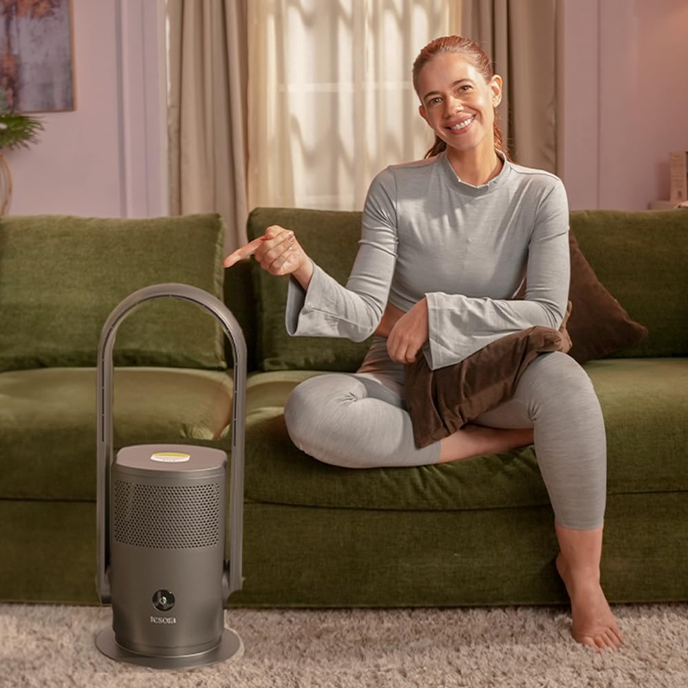 Tesora air purifier and fan being showcased in a living room setting, highlighting its modern design and functionality for enhanced air quality.