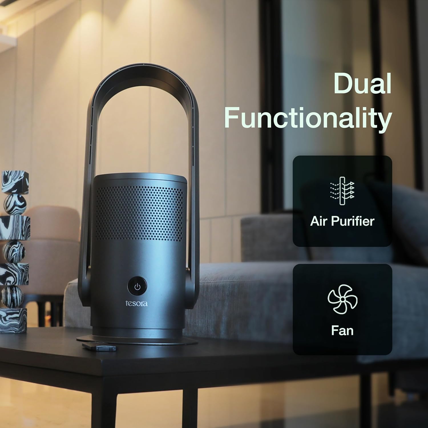 Tesora air purifier and fan with dual functionality for effective air purification and cooling in modern spaces.