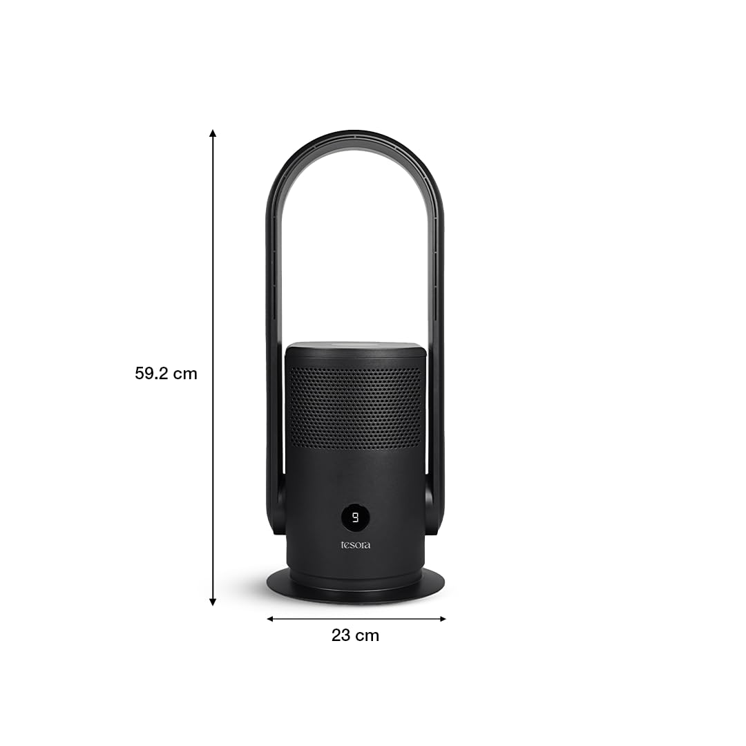 Tesora air purifier with sleek design, measuring 59.2 cm in height and 23 cm in width for efficient air purification.