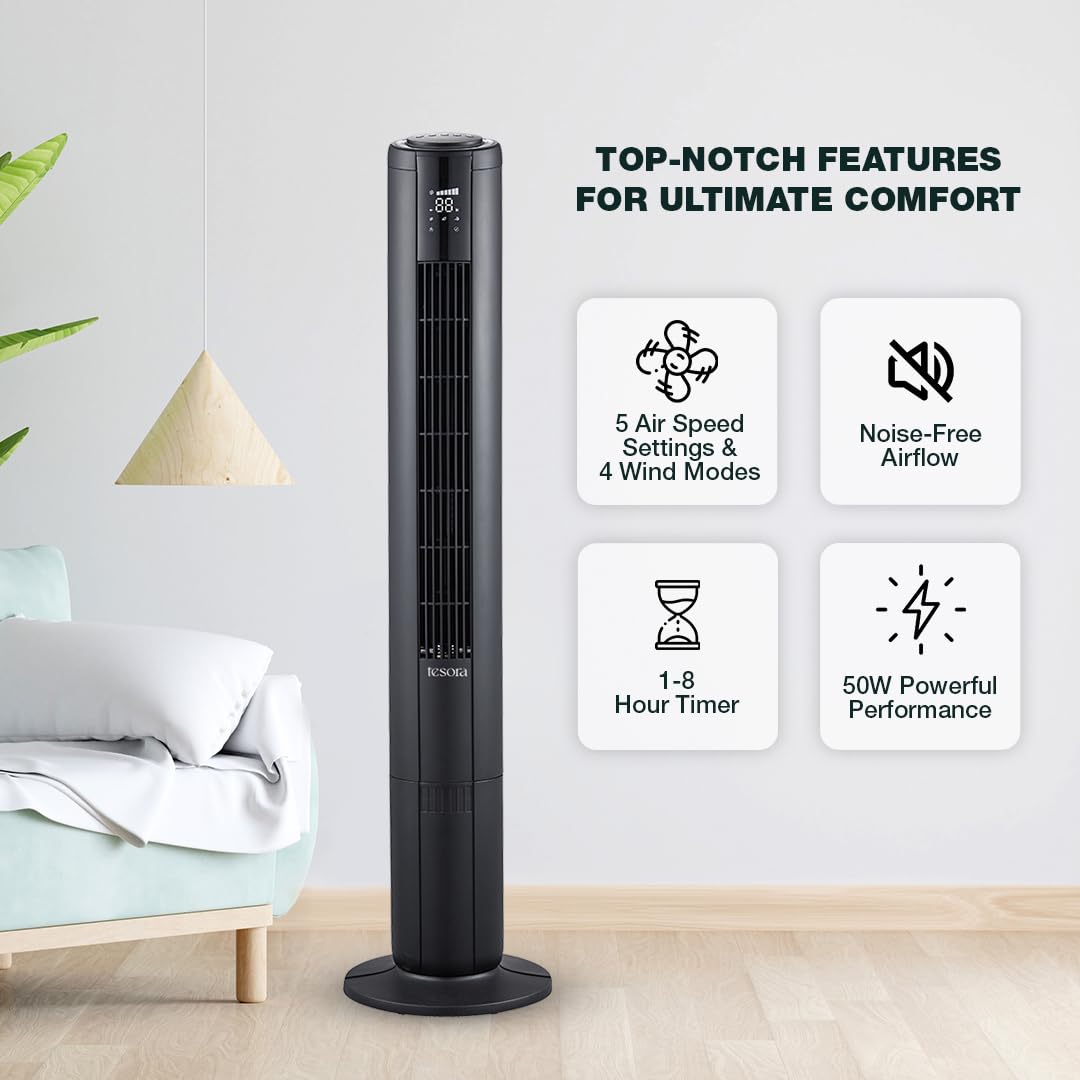 Tower fan with 5 air speed settings, 4 wind modes, and noise-free airflow, featuring a timer and 50W performance.