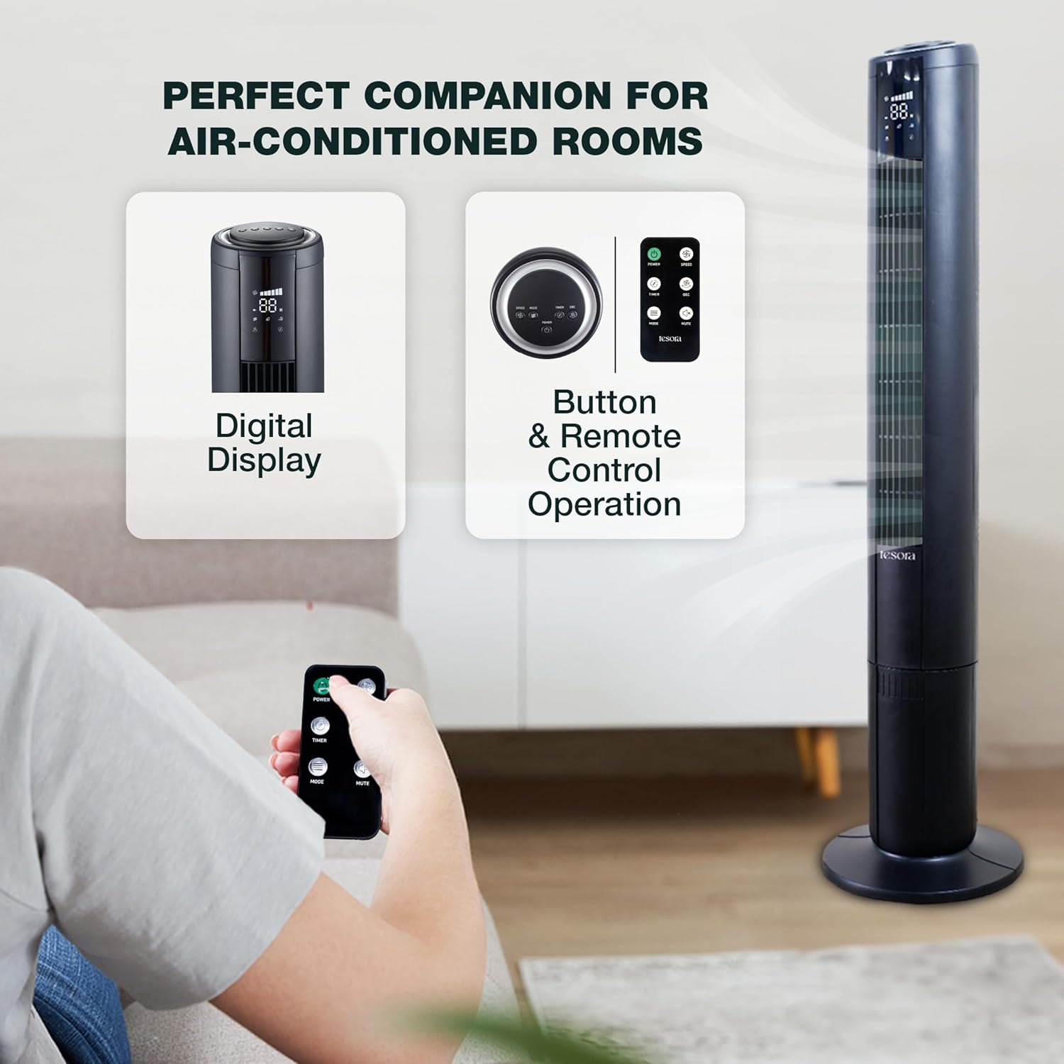 Tower fan with digital display and remote control, designed for air-conditioned rooms.