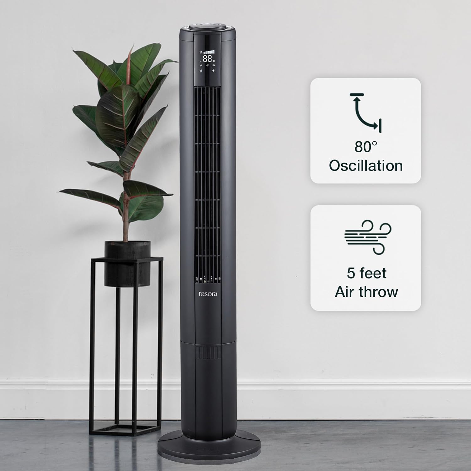 Black tower fan with 80° oscillation and a 5-feet air throw, ideal for wide coverage.