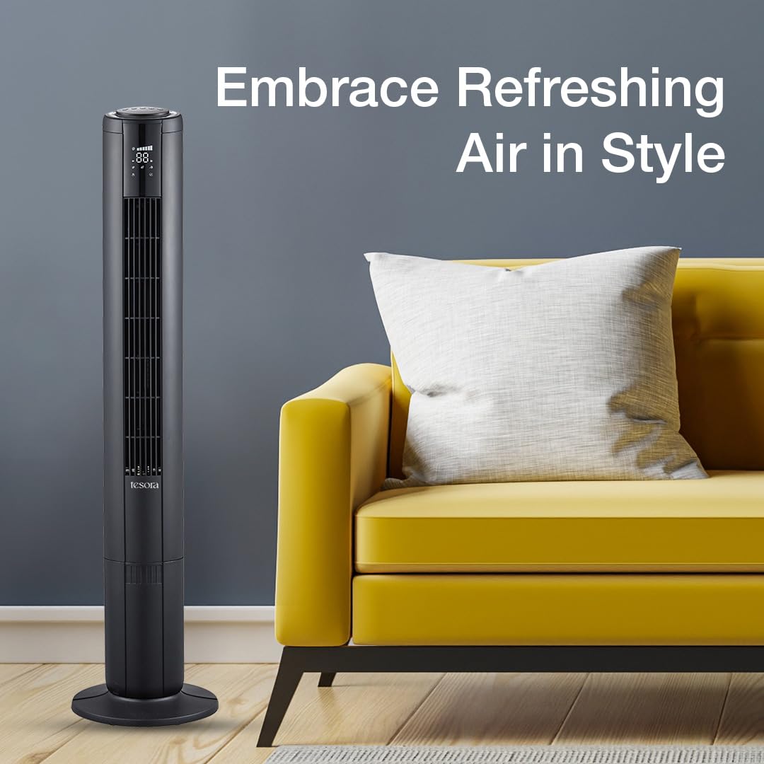 Sleek black tower fan providing refreshing air with a stylish design for modern interiors.