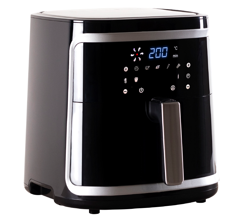 This image highlights a modern **air fryer** featuring a sleek black and silver design with a **digital LED display**. The display shows the temperature (200°C) and timer settings, likely adjustable with a touch control interface. The appliance also appears to have several pre-set cooking modes or functions, making it versatile for a variety of cooking needs such as frying, baking, or grilling with minimal oil usage. The sturdy handle suggests ease of use when removing the cooking basket. The design reflect