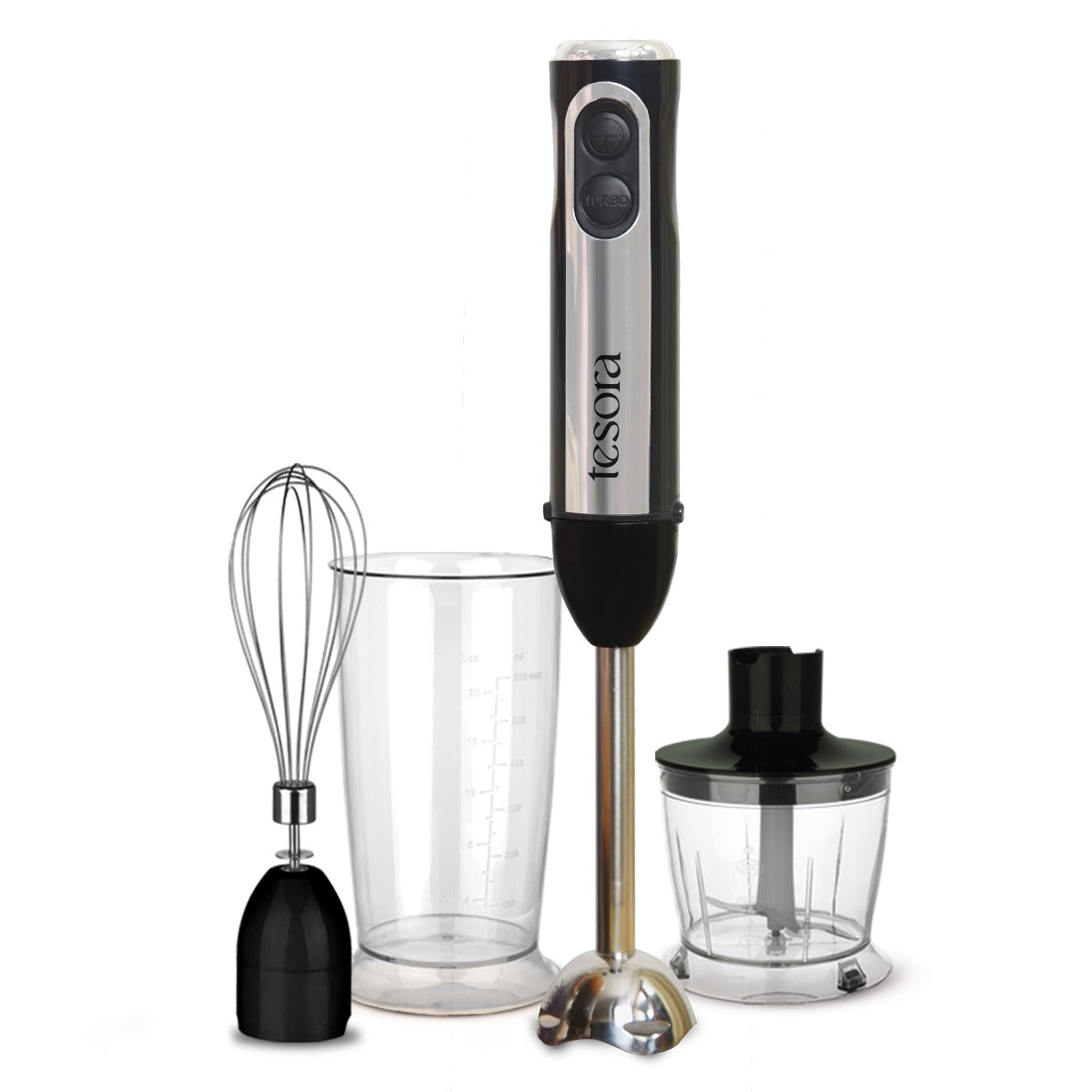 The hand blender itself, with a sleek stainless steel finish.
A whisk attachment for whipping eggs or cream.
A measuring cup for blending smoothies or soups directly.
A chopper attachment for finely chopping vegetables or nuts.