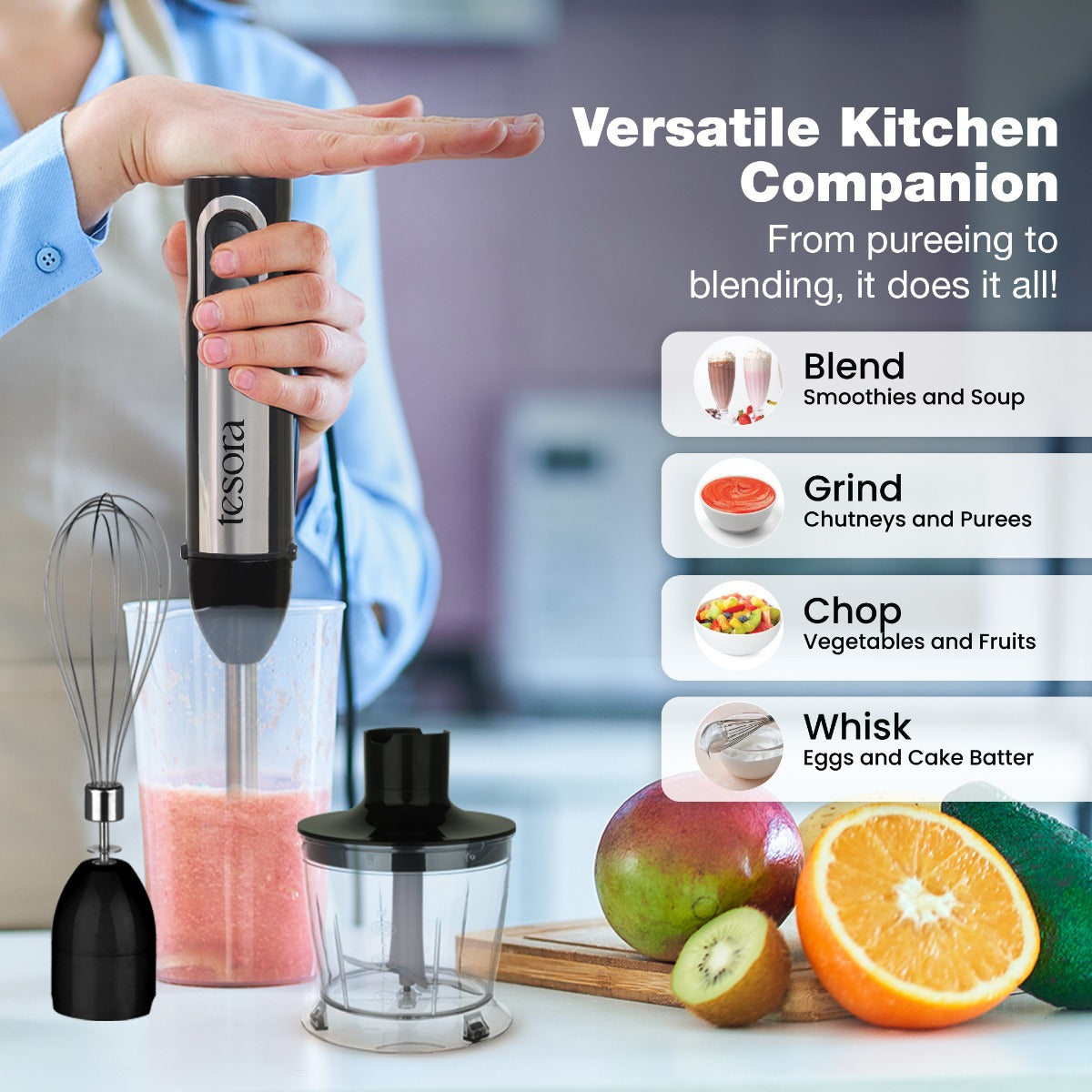 This image showcases a **versatile kitchen appliance**, featuring various attachments designed for a wide range of culinary tasks. It includes a **blending attachment** ideal for making smoothies and soups, a **grinder** for chutneys and purees, a **chopper** for vegetables and fruits, and a **whisk** for eggs and cake batter. The product is highlighted as a kitchen companion, capable of blending, grinding, chopping, and whisking, making it suitable for everything from pureeing to blending. Its sleek design