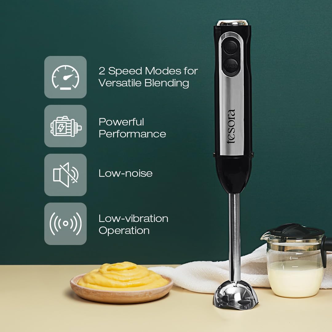 This image promotes the **Tesora hand blender** and highlights its features, such as:

- **2 Speed Modes for Versatile Blending**, offering flexibility for different tasks.
- **Powerful Performance** to handle various ingredients efficiently.
- **Low-noise** operation for a quieter kitchen experience.
- **Low-vibration Operation**, ensuring a smooth and comfortable blending experience.

The product is shown as a powerful and efficient tool for creating smooth textures, ideal for blending foods like mashed p