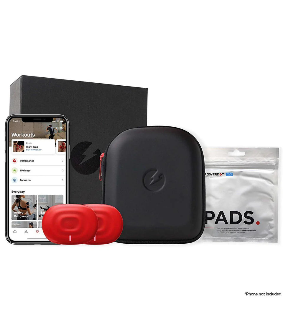 Complete muscle stimulation kit featuring two red stimulation pads, a compact carrying case, replacement pad pack, and smartphone app compatibility for workout tracking and recovery optimization.