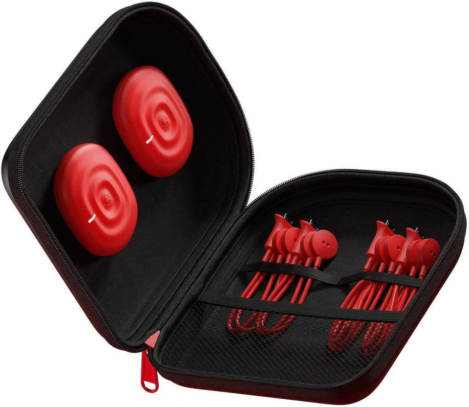 Red muscle stimulation device kit neatly organized in a portable case, including stimulation pads and connecting cables for convenient storage and on-the-go use.