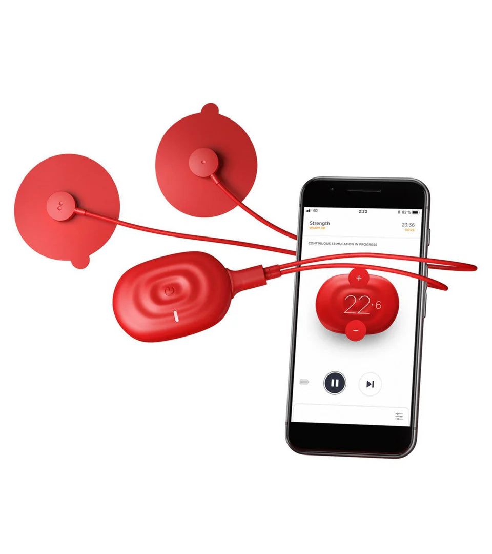 Red muscle stimulation device connected to adhesive pads and synced with a smartphone app, showcasing customizable intensity levels and real-time monitoring for effective muscle recovery and therapy.