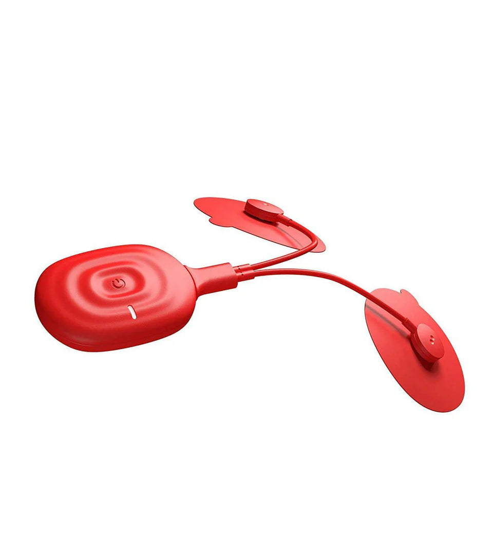 Red muscle stimulation device with dual adhesive pads connected by wires, designed for precise muscle recovery and pain relief through targeted electrical stimulation.