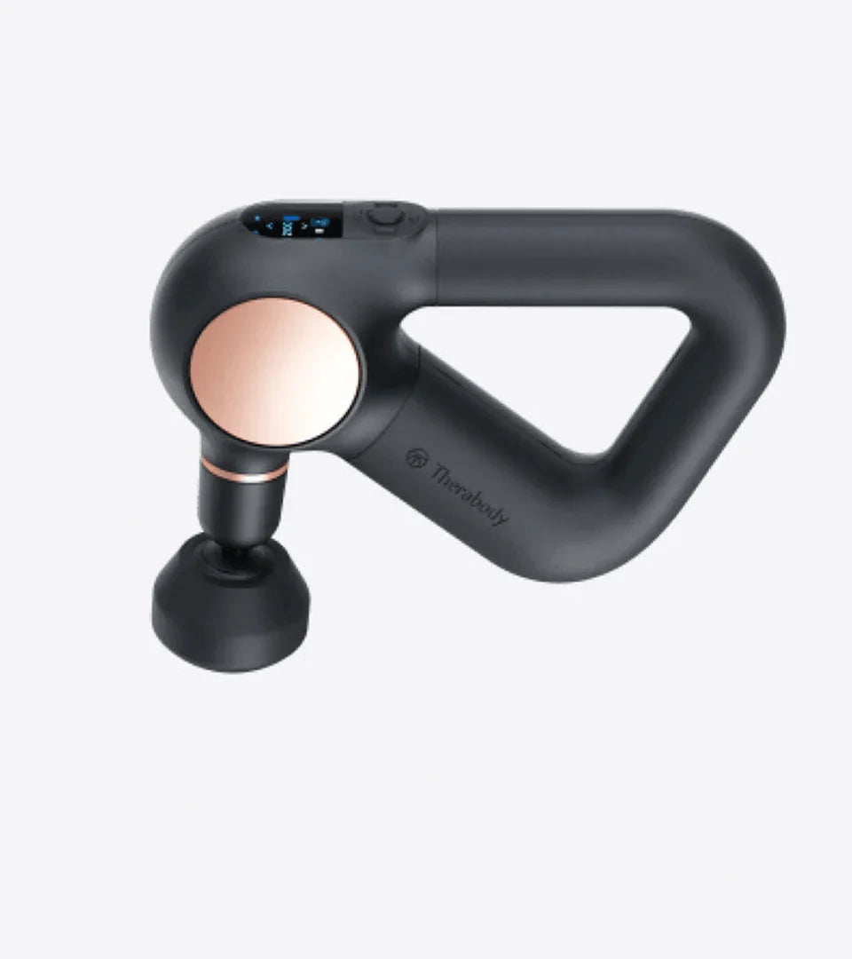 Theragun massage device in sleek black with a rose gold accent, featuring an ergonomic triangular handle and a precision attachment for effective muscle therapy and recovery.