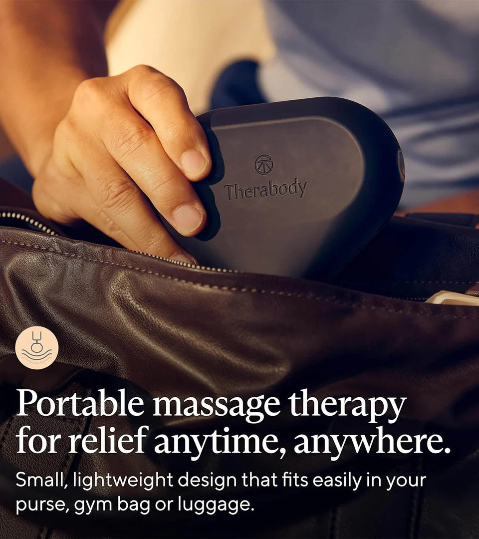 A person placing a compact Therabody massage device into a leather bag, emphasizing its portability. The text highlights its lightweight design, making it convenient for on-the-go relief, fitting easily into a purse, gym bag, or luggage.