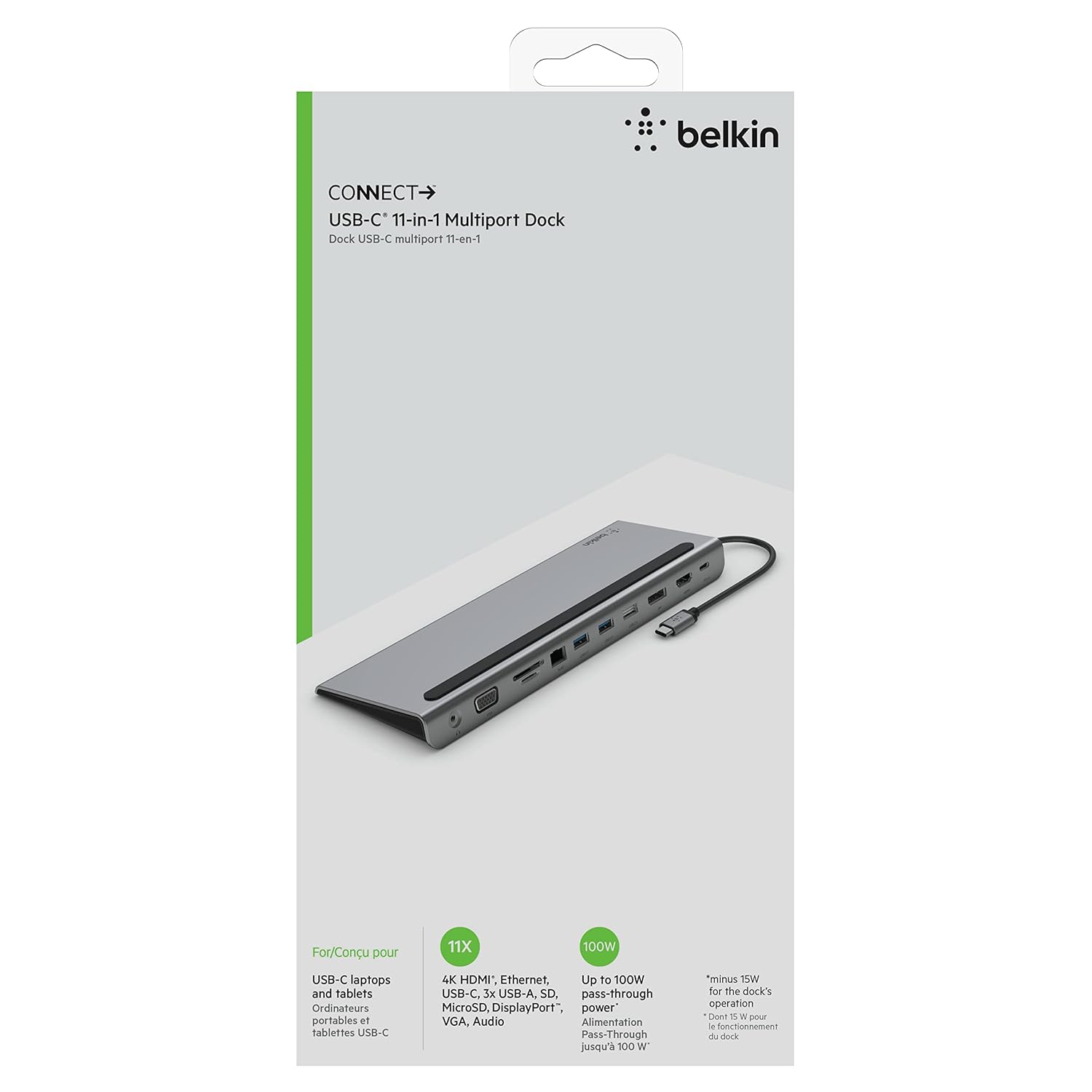 ALT: "Belkin CONNECT USB-C 11-in-1 Multiport Dock with various ports and cable on a promotional display. The display highlights the dock's compatibility with 4K HDMI, 100W pass-through charging, and multiple connectivity options for USB, Ethernet, and audio."