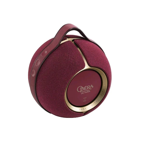 Maroon and gold portable speaker with 'Opéra National de Paris' branding on a white background