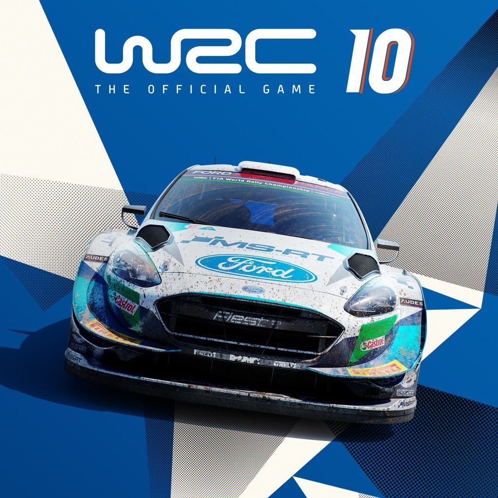 WRC 10 game cover featuring a Ford rally car in action, with a bold blue and white background.