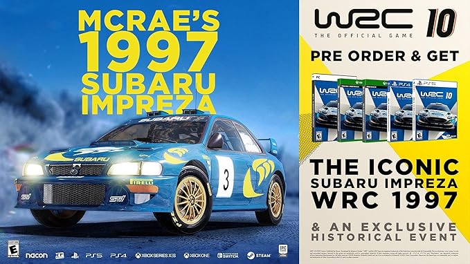 WRC 10 pre-order promotion featuring McRae's iconic 1997 Subaru Impreza rally car, available in multiple game formats with exclusive historical event content.