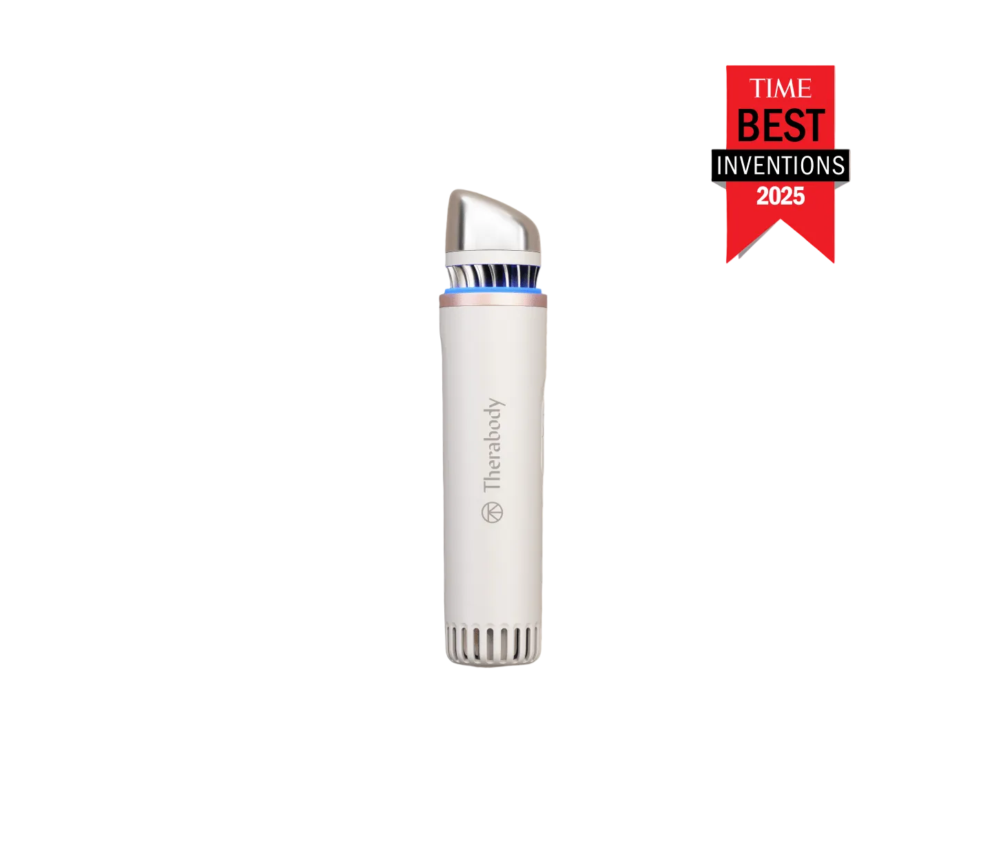 White Therabody TheraFace Depuffing Wand with TIME Best Inventions 2025 and Allure Best of Beauty award badges on a beige background