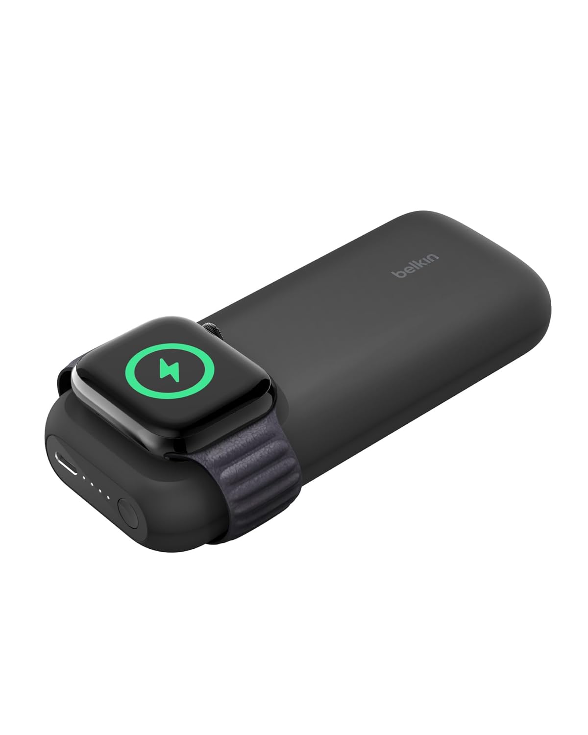 Belkin portable power bank with integrated Apple Watch charger, featuring wireless charging for Apple Watch and additional USB-C port for other devices.