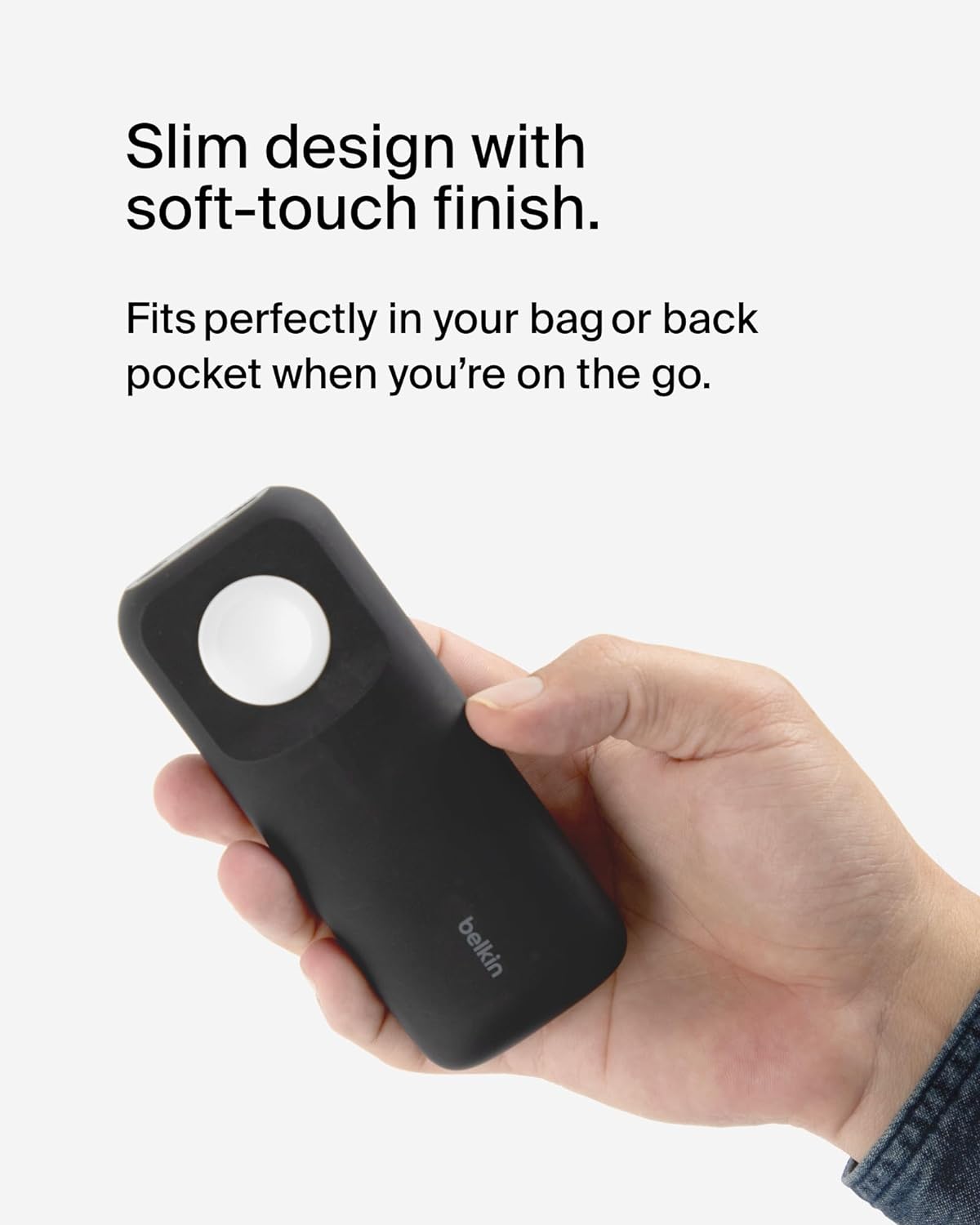 Belkin slim portable charger with soft-touch finish, designed to fit easily in your bag or pocket for on-the-go use.