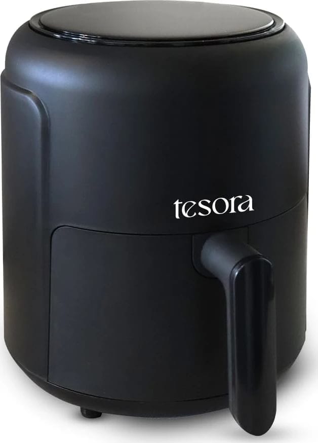 This image showcases a black air fryer from the brand "Tesora" placed on a green platform. The air fryer has a sleek, modern design with a matte finish. The minimalist style, paired with the subtle lighting on the platform, gives it an elegant and premium feel. The design emphasizes functionality with a large handle, likely for easy use. This image appears to be a product showcase or promotional material for the Tesora air fryer.