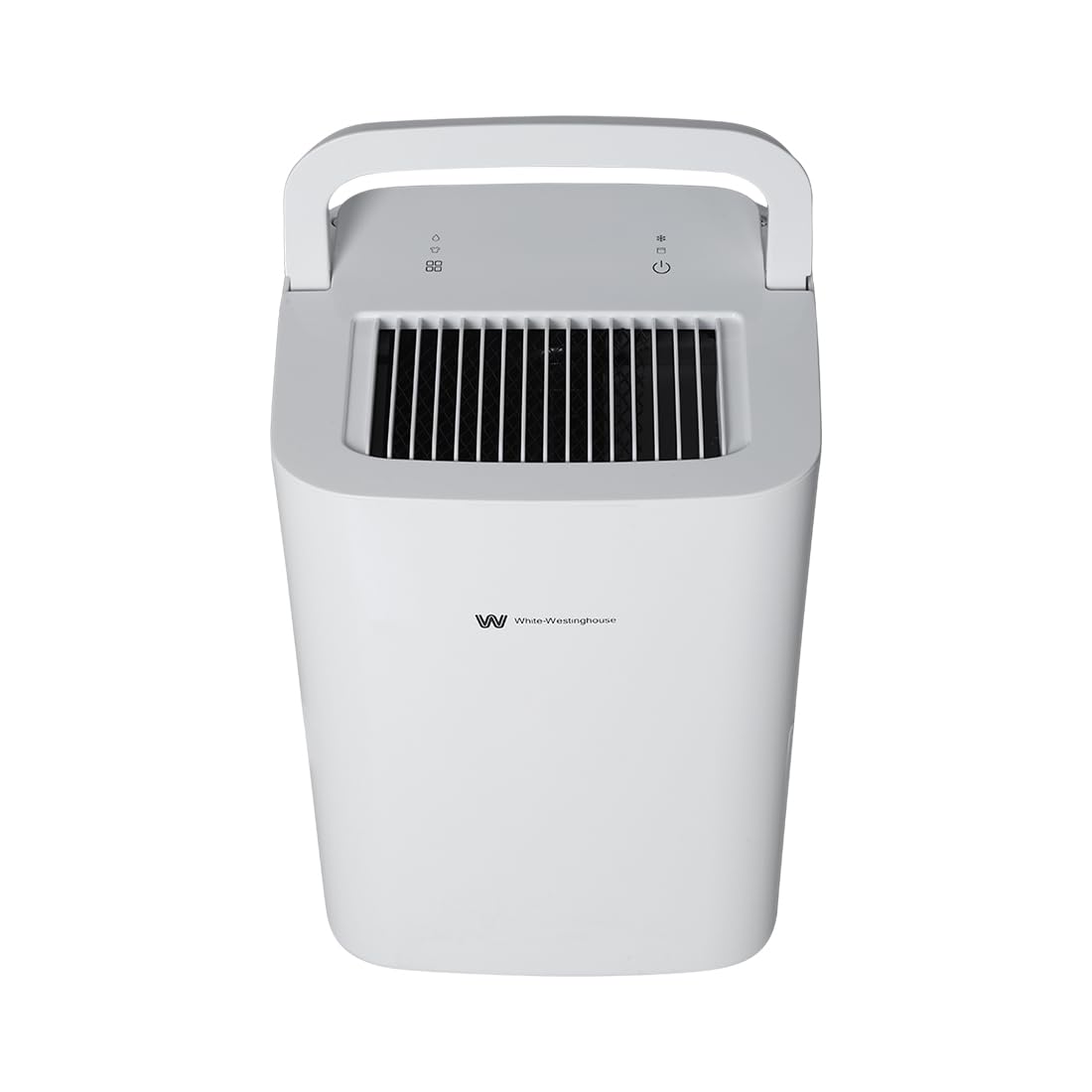 A sleek, white, compact dehumidifier with a modern design, featuring a handle on top for easy portability and a front vent for air intake. The control panel on the top surface includes buttons for power and settings.