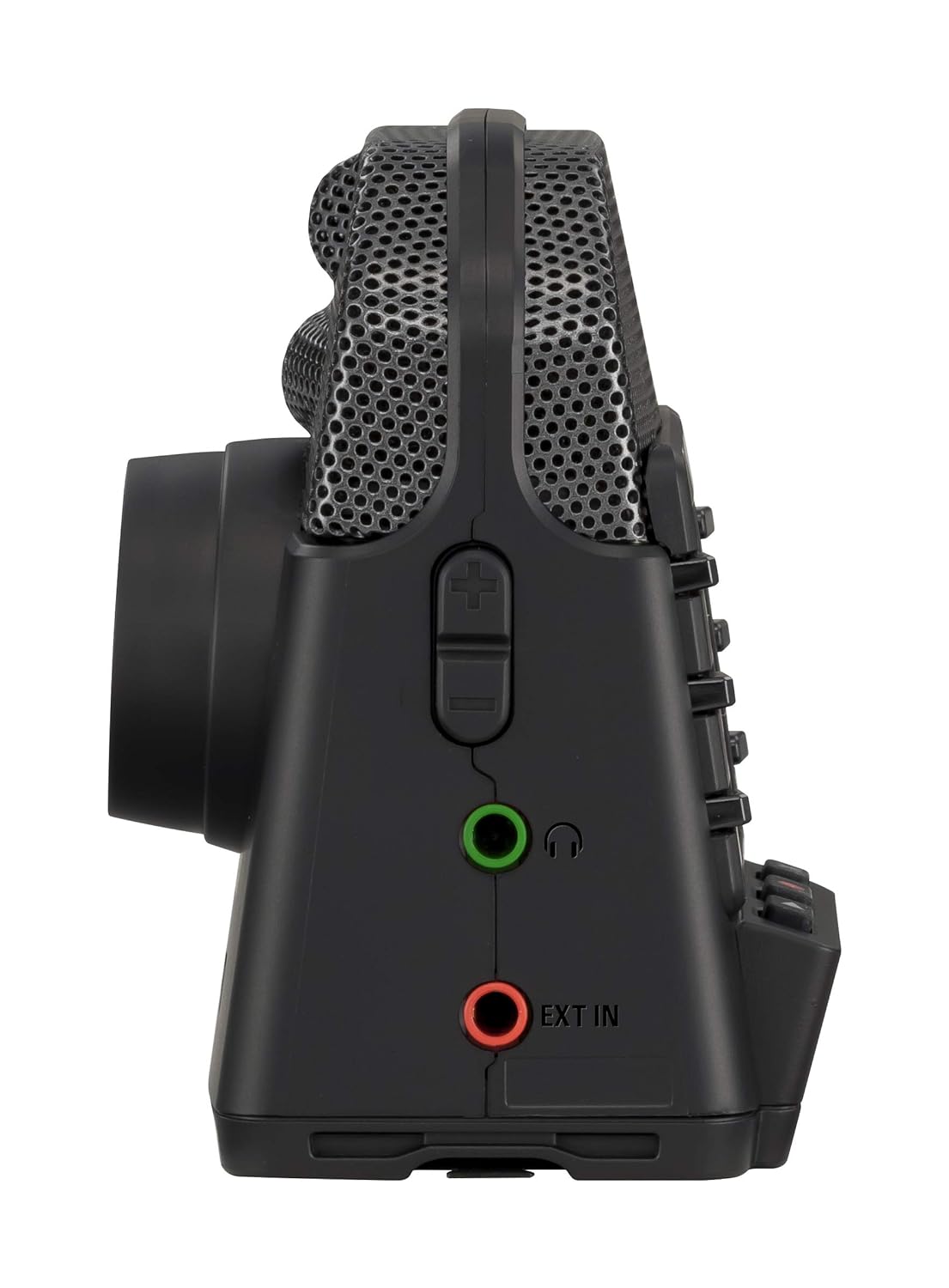 Side view of the Zoom Q2n 4K Handy Video Recorder, showing the external microphone and headphone jacks along with other control buttons.