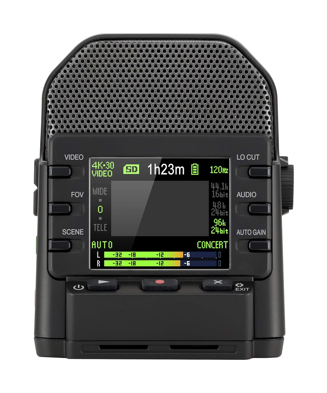 Rear view of the Zoom Q2n 4K Handy Video Recorder, displaying the LCD screen with various recording settings, audio levels, and battery life indicators.