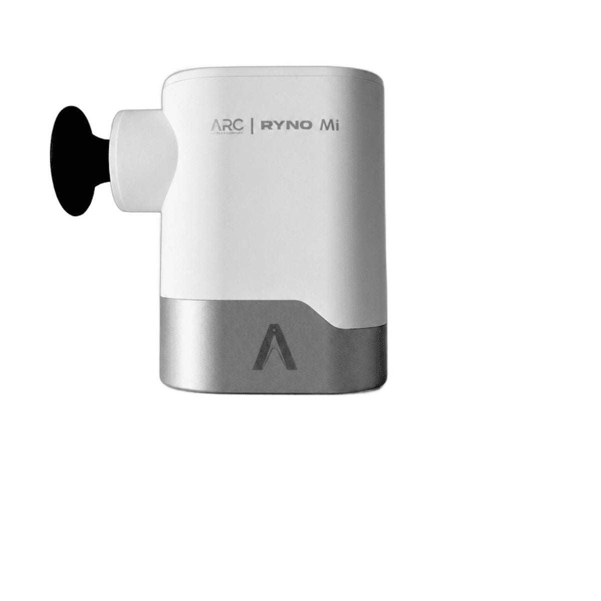 ARC Ryno Mi mini massage gun, white and silver, side view