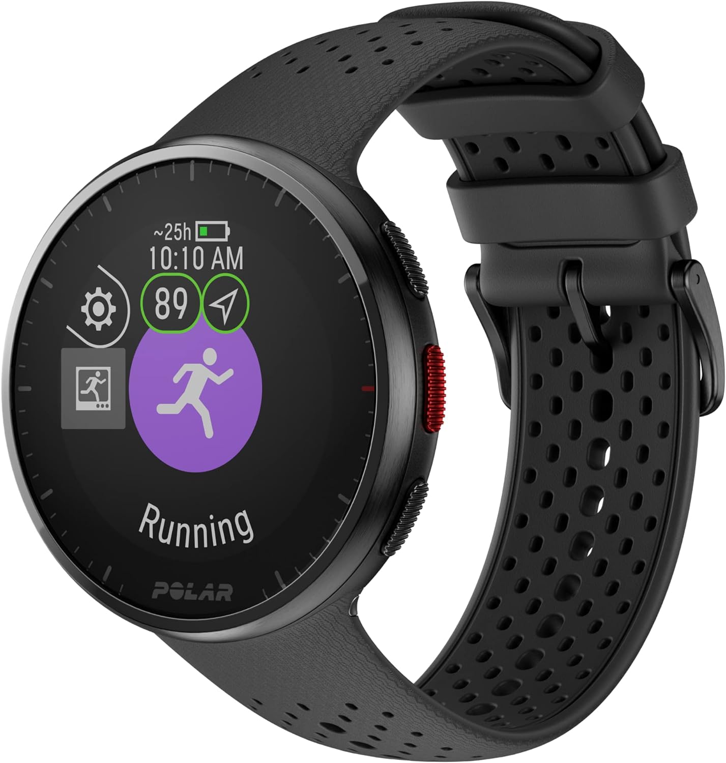 The image displays a sleek, black fitness smartwatch with a round face and a perforated silicone strap. The screen shows various icons and metrics, including a running mode indicator, battery life, and current time. The watch is designed for runners, with the display prominently featuring a running icon and related metrics, emphasizing its focus on fitness tracking and performance monitoring.