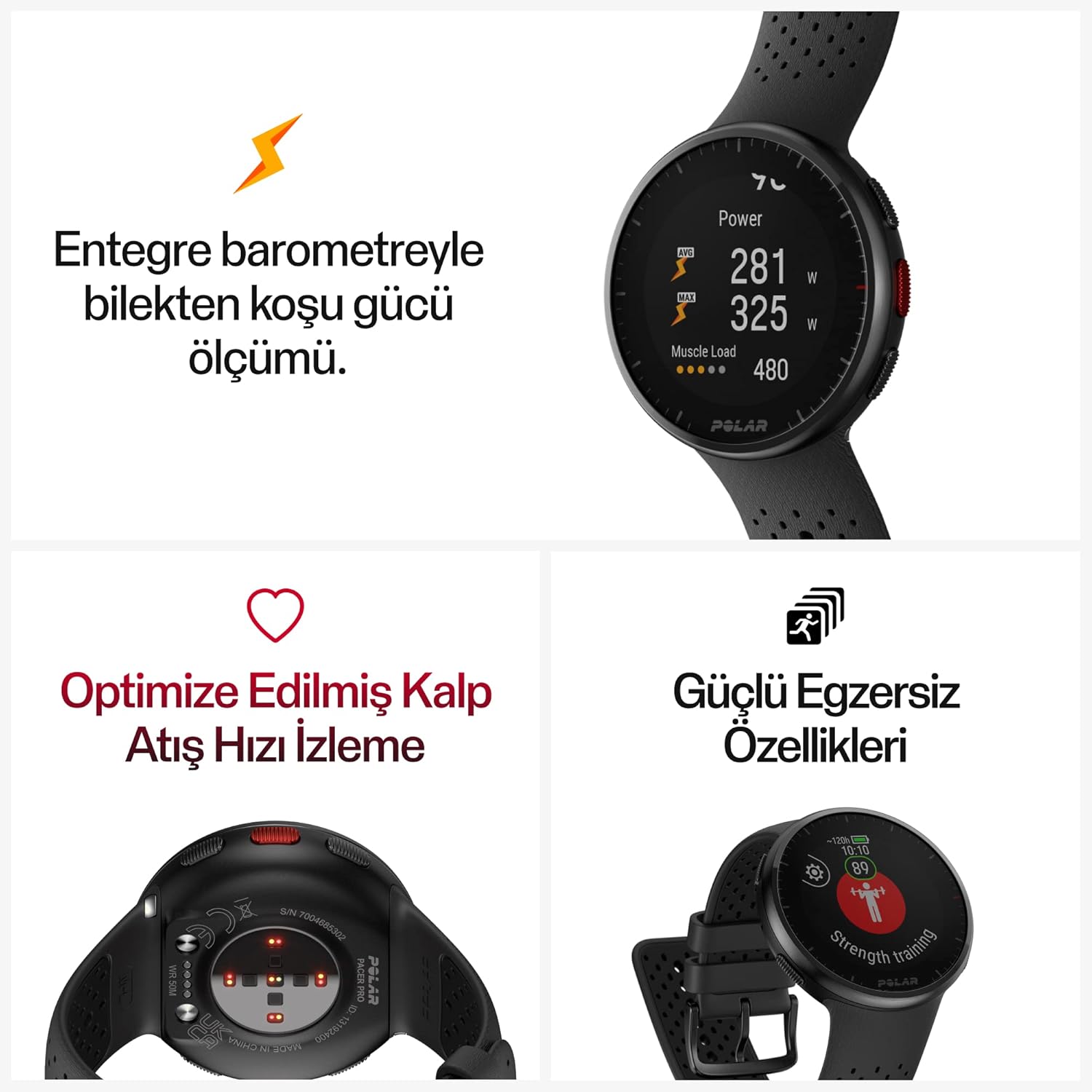 Top Section: Displays the front of the smartwatch showing various fitness metrics, with text emphasizing wrist-based running power measurement using an integrated barometer. Bottom Left Section: Shows the back of the smartwatch, highlighting its optimized heart rate tracking feature. Bottom Right Section: Features the smartwatch displaying exercise data, focusing on its powerful exercise capabilities.