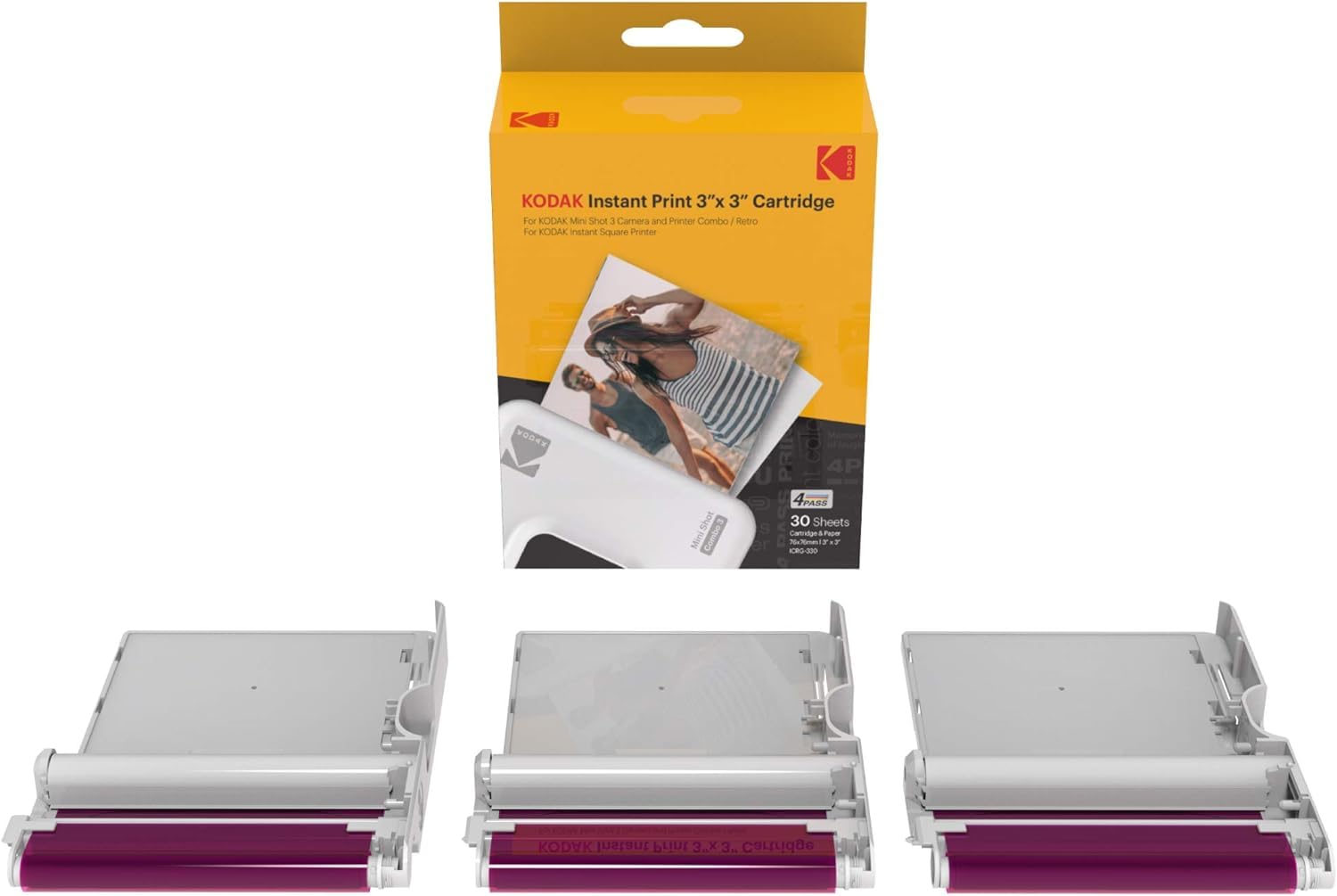 **Kodak Instant Print 3"x3" Cartridge**: Includes 30 sheets for square photo prints, compatible with Kodak Mini Shot 3 & Retro printers. High-quality, smudge-proof prints for lasting memories.