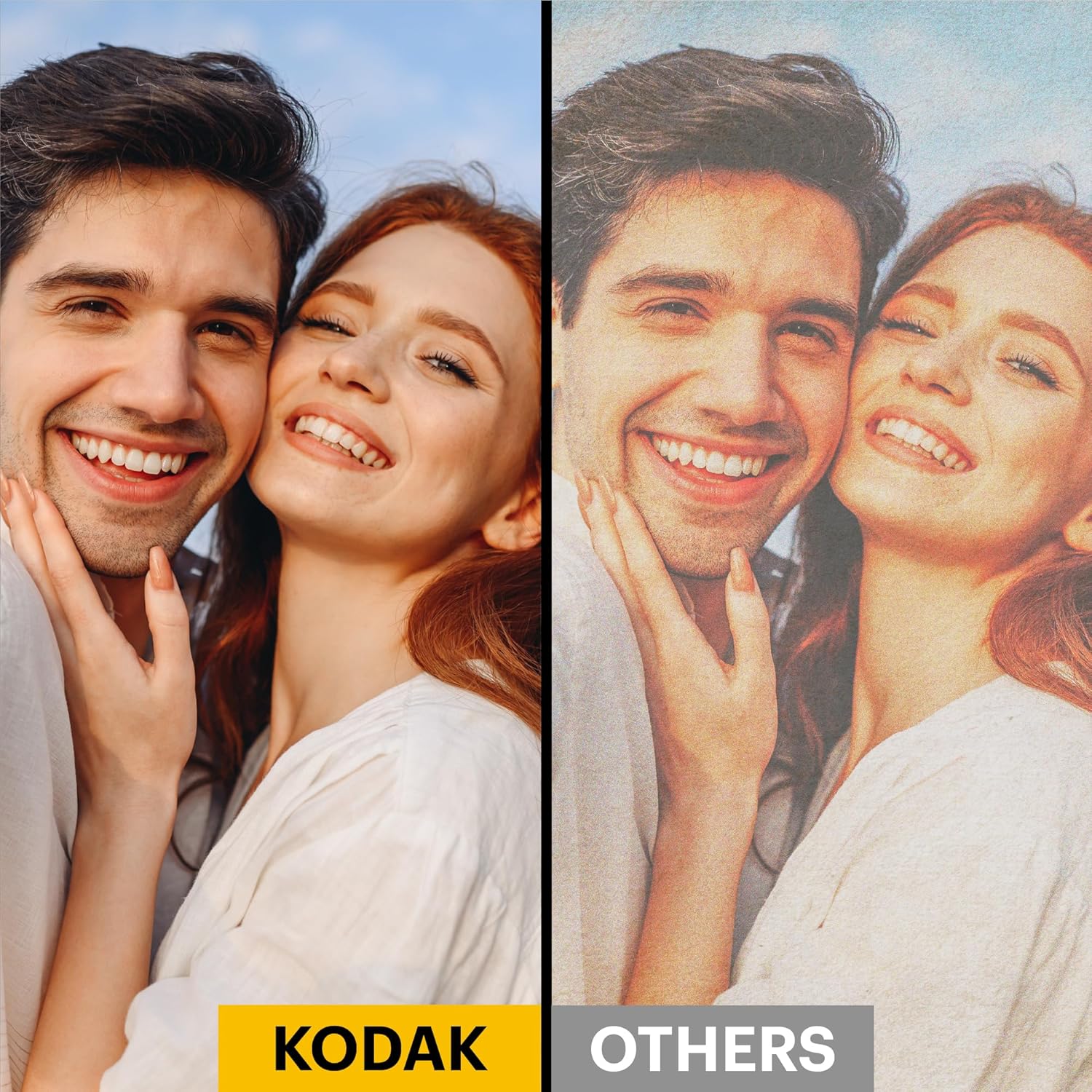 This image compares the superior color accuracy and sharpness of Kodak Mini 2 Retro prints against other brands, emphasizing vibrant and detailed photo quality.